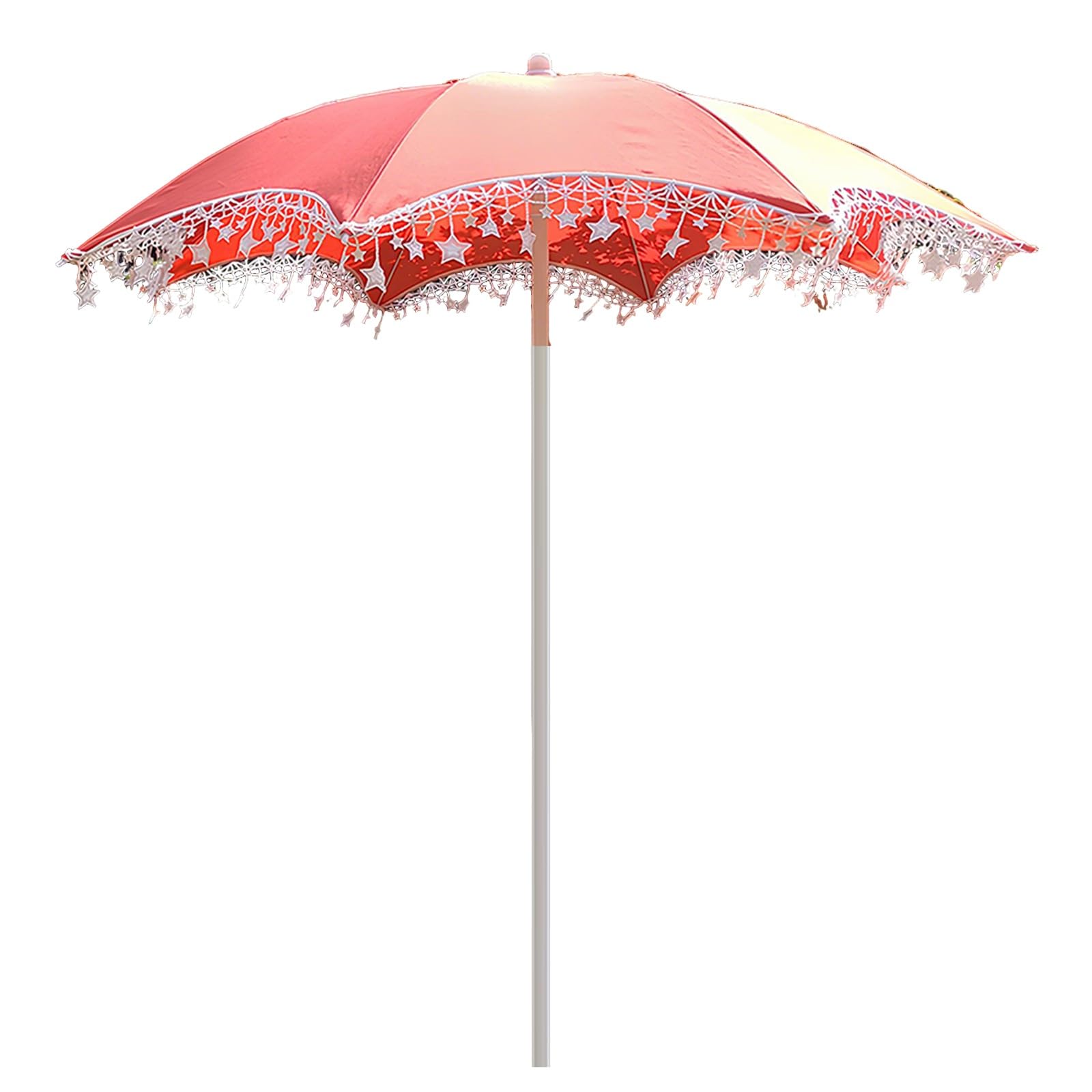XUQQU Portable Outdoor Garden Parasol, 1.60 M Small Beach Umbrella, Red Patio Umbrella With Tassels, Adjustable Height, Star Tassel Decoration, Base Not Included