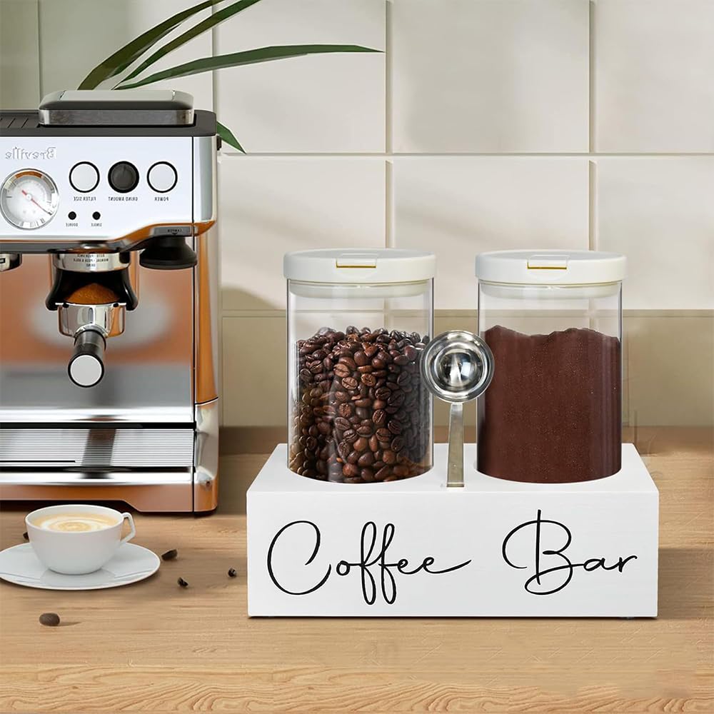 Wotendy Glass Coffee Bean Storage Jar with Shelf & Scoop, 2×1.4L Coffee Storage Jars with Airtight Lid for Coffee Beans Nuts - Image 2
