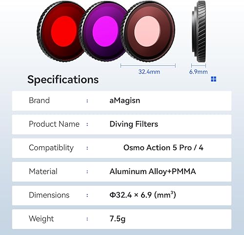 Miniatura 9 de Juego de filtros de buceofiltro impermeable para cámara DJI Osmo Action 5 ProAction 4Action 3, cubierta protectora de lente para esnórquel, surf,