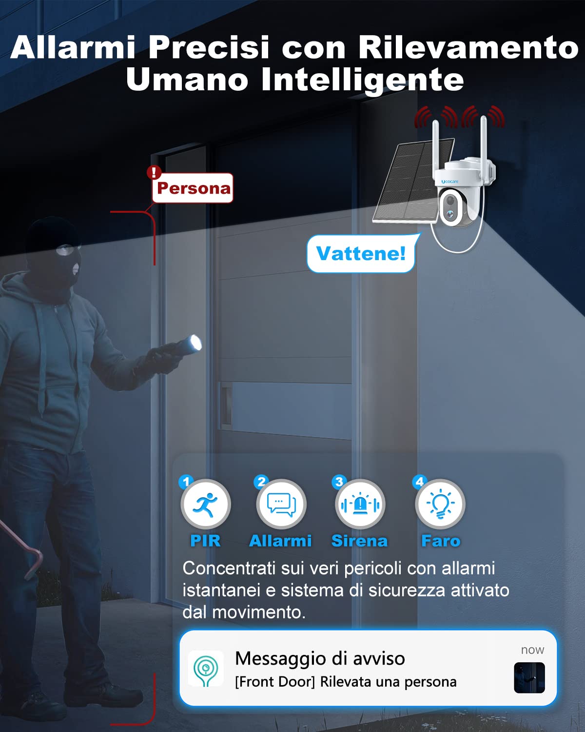 UCOCARE Telecamera 4G da Esterno con SIM, 4MP Telecamera Solare con SIM | Pannello Solare 8W, Batteria 15000mAh, 360° PTZ, Rilevamento Movimento AI, Visione Notturna a Colori con 14 Luci, IP67