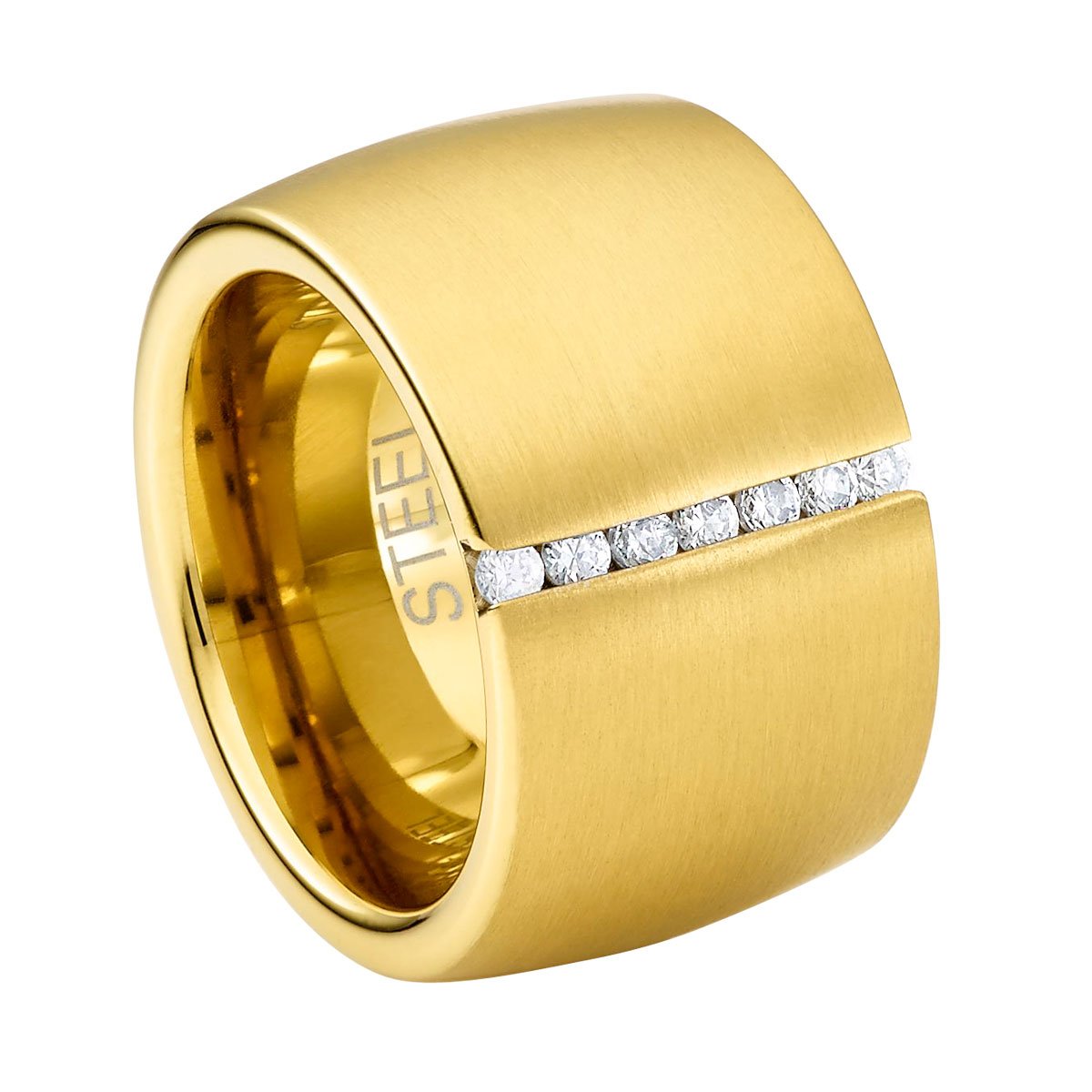 Heideman Ring Damen Lines Gold Edelstahl mit Zirkonia weiß matt | Lines Statement-Ring Gold, Edelstahl, funkelnde Zirkonia-Reihe, breiter Damenring, hautfreundlich & nickelfrei, Geschenk