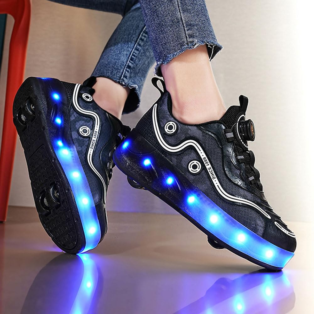 ENEN Chaussure à Roulette Lumière LED, Chaussures à Roulettes Rétractables Garçons Basket Roulette Enfant Fille, Roller 4 Roues Déformable Adolescents Intérieur Extérieur 30-40 EU