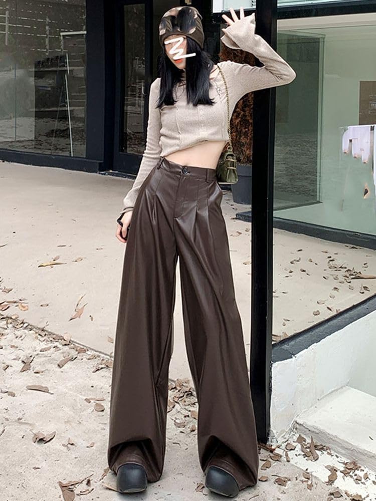 Finta Pelle Pantaloni per Donna Plissettati Vita Alta Primavera Abito Gamba Larga Pantaloni