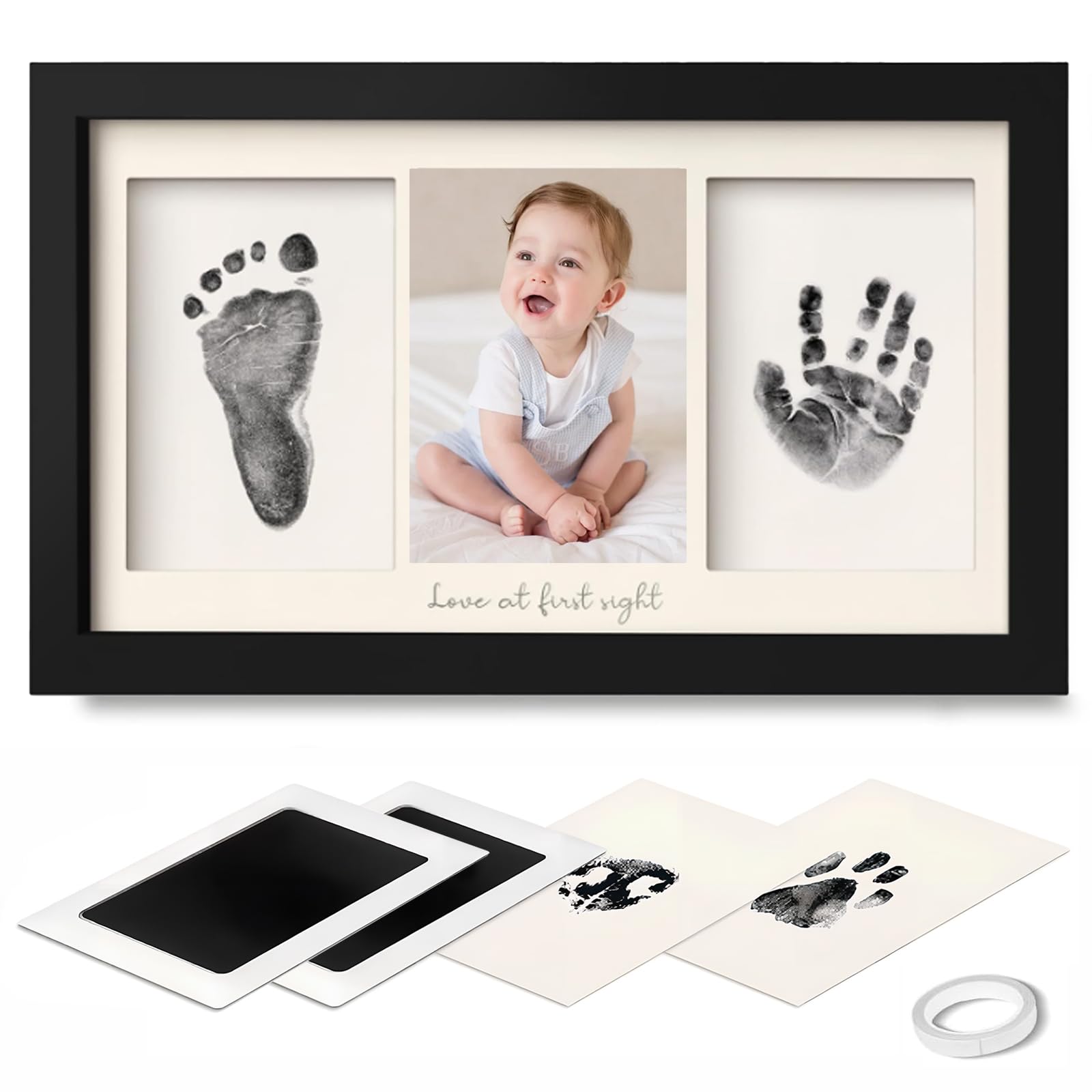 Baby Handprint and Footprint Photo Frame Kit for Newborn Girls and Boys, Memorable Keepsake with Clean-Touch Ink Pad Baby Shower Unique Gift, Pet Paw Print Kit (Black)