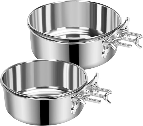 2 cuencos medianos para comida y agua para perros con soporte de abrazadera mejorado, cuencos colgantes de acero inoxidable detectables