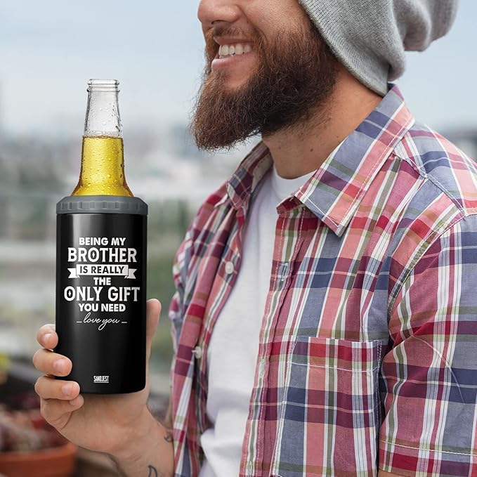 Image of SANDJEST 4-in-1 Design Brother Tumbler & Can Cooler Gift - Being Brother is the Only Gift You Need Cans Coozie - Black Can Holder Christmas Birthday Gifts for Brothers from Sisters, Bros