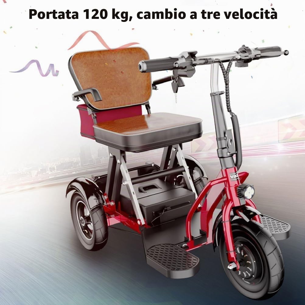 Monopattino a 3 Ruote per Anziani Disabili Sedile Comodo Design Leggero Compatto Autonomia Fino a 18 km