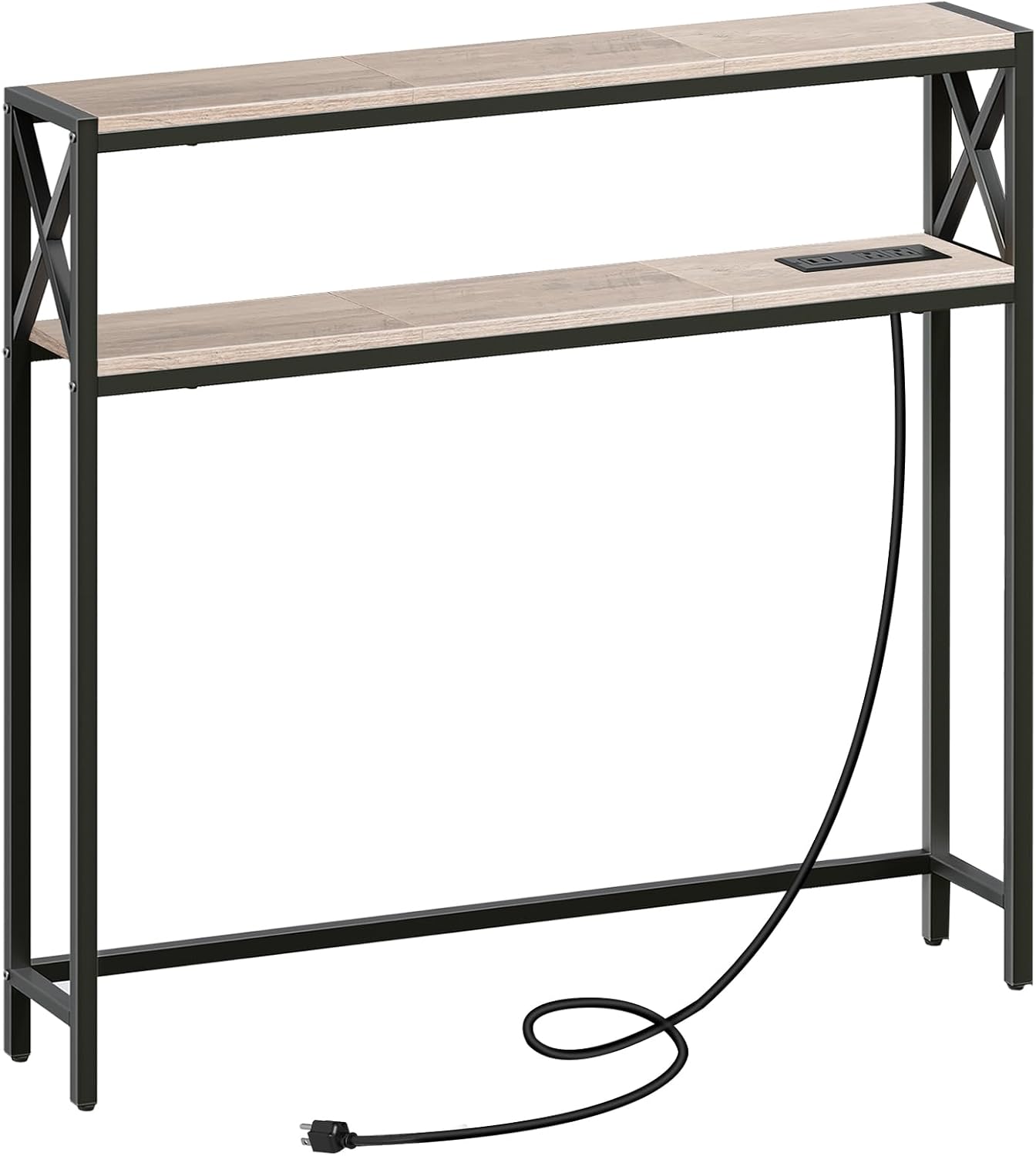 Narrow Sofa Table with Charging Station, 39.4" L x 5.9" W x 39.4" H, Behind Couch Table, Skinny Console Table with Outlet, Entryway Table for Living Room, Greige CTHG115E01 1 Greige, Black