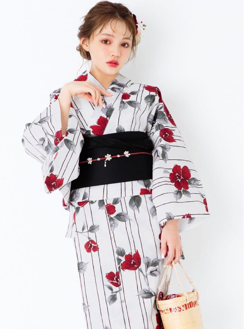 Amazon.co.jp: 水彩椿ゆかたセット 白浴衣 帯 椿柄 : ファッション