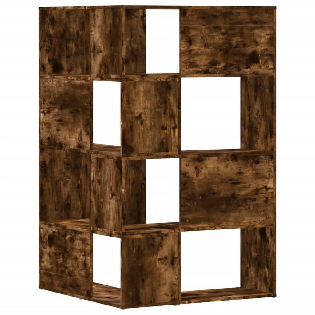 Scaffale angolare a 4 livelli, in legno di rovere fumé, 85 x 85 x 140 cm