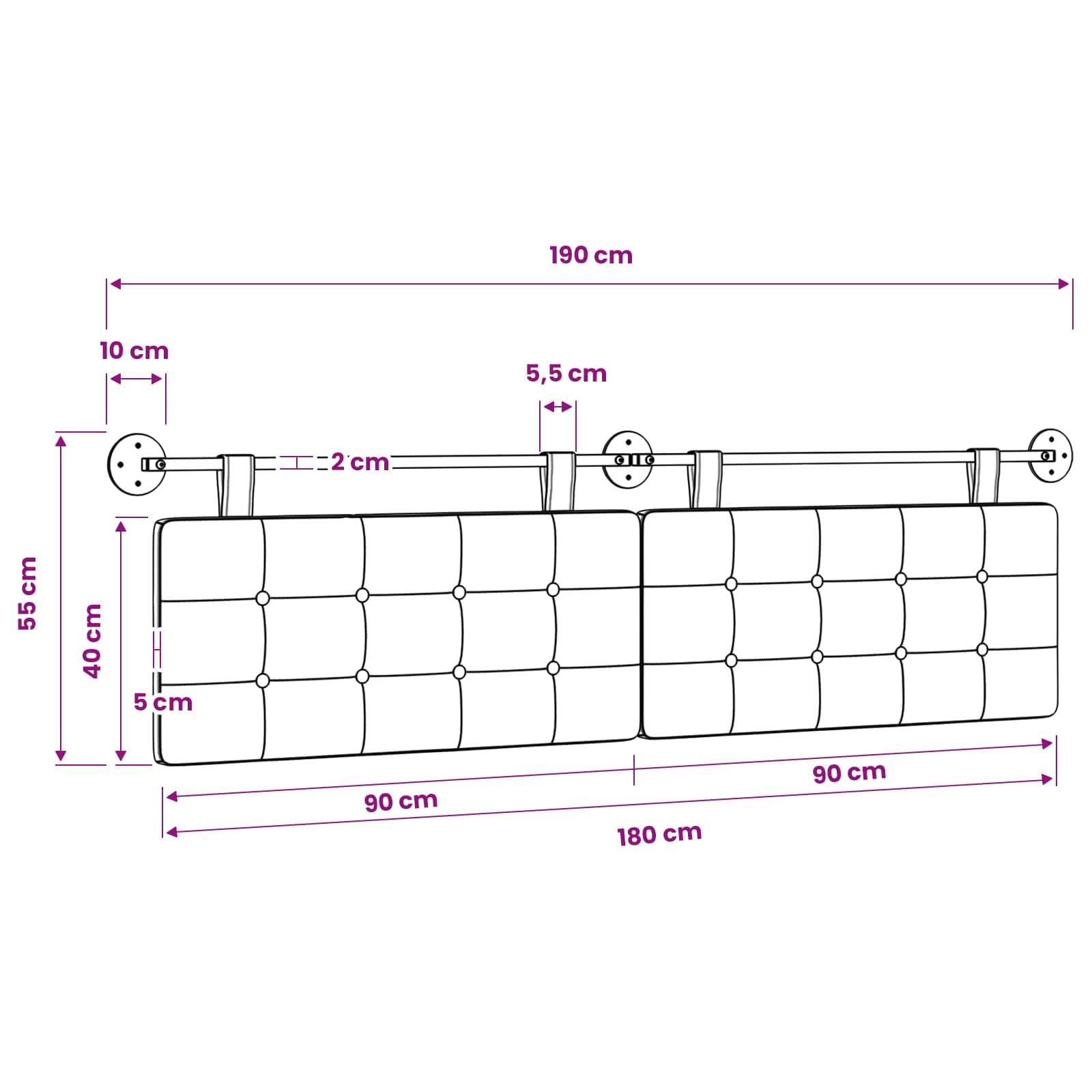 Cabecero colgante de piel sintética con acolchado, 190 x 55 cm, juego de 2 unidades, montaje en pared para dormitorio, habitación de invitados, cama doble y cama individual, respaldo cómodo y