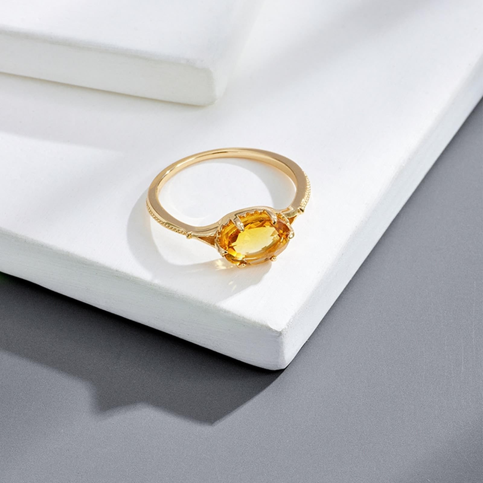 Anello solitario in vero oro 9 K/14 K/18 K con citrino giallo ovale, anello solitario per partner