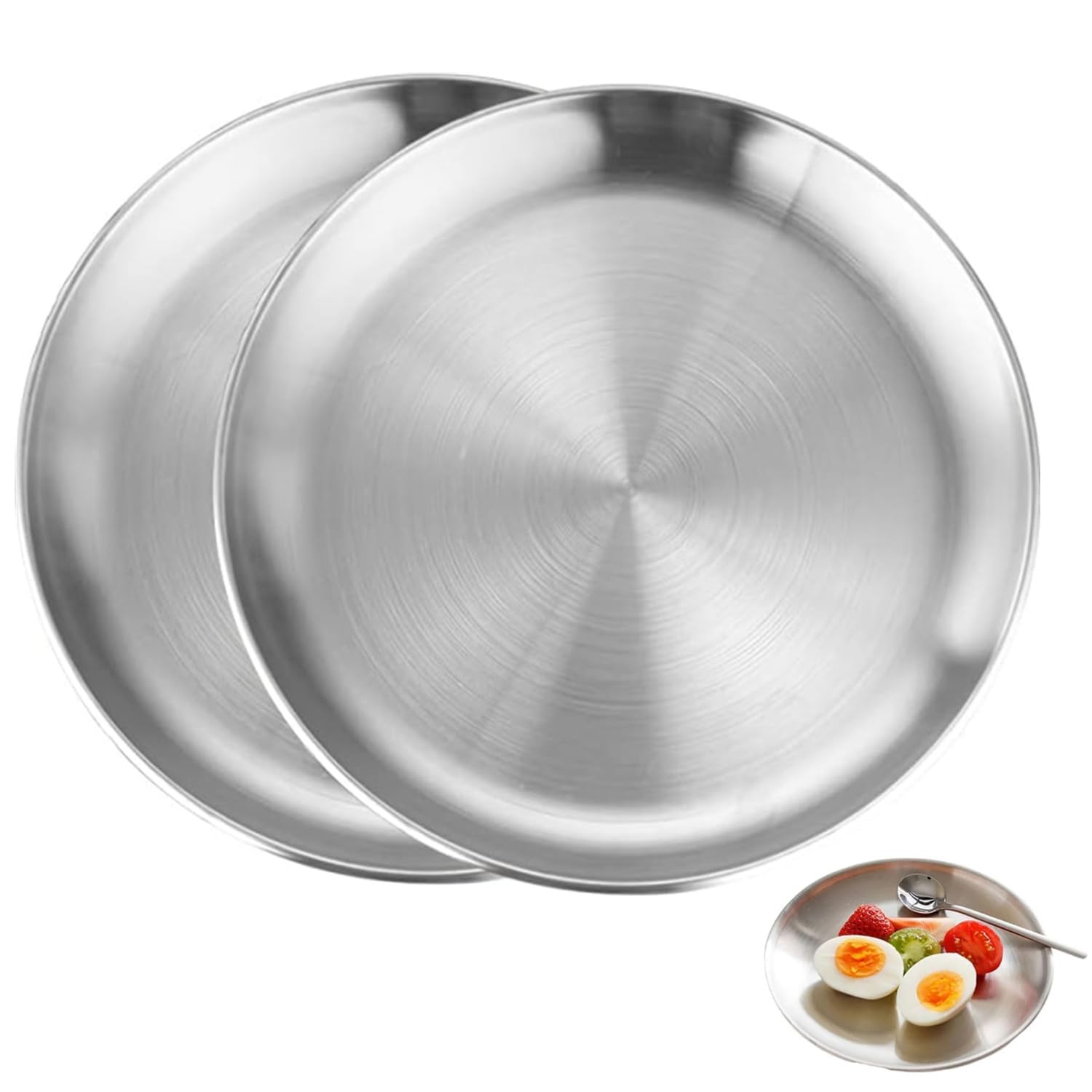 Piatti piani in acciaio inox, 20 cm, rotondi, 2 pezzi, stile minimalista, finitura opaca, resistenti alla ruggine, lavabili in lavastoviglie, perfetti per cucina, picnic, campeggio, barbecue