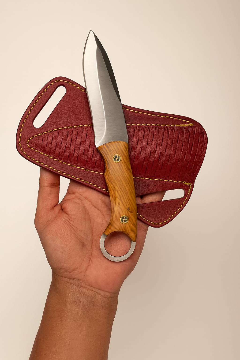 Hunting Knife, Stainless Steel Blade and Olive Wood Handle - Blacksmith Made Camping Knifes - Bushcraft Knives- Survival Knife with Leather Cover. (HK-128)