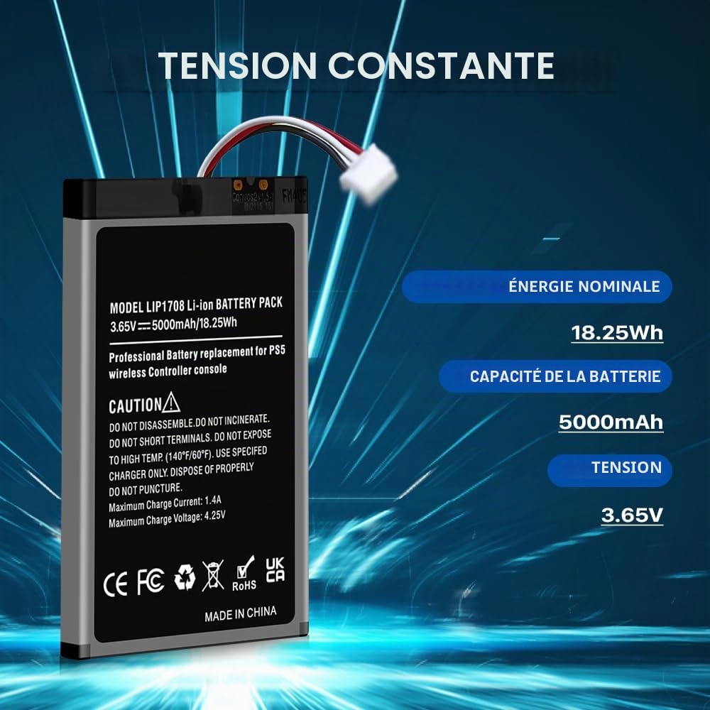 2 Pack PS5 Contrôleur Batterie, 5000mAh Le Remplacement LIP1708 Batterie for PS5 Playstation 5 DualSense CFI-ZCT1W Contrôleur