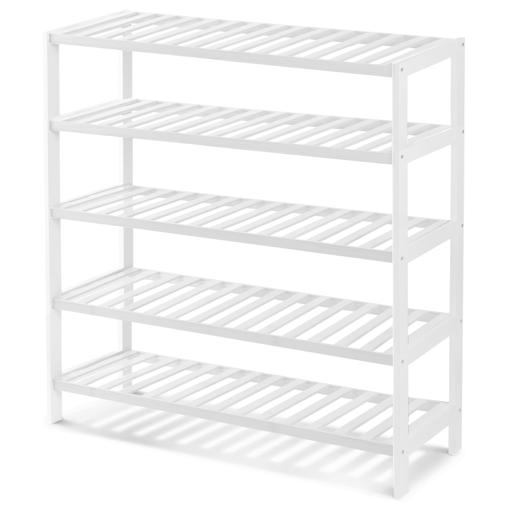 KEPLIN Natural Bamboo Shoe Rack Easy Assembly & Strong Design Shelf Organiser Ideal for Bedroom, Bathroom, Hallway & Small Spaces Large Capacity Up to 15 Pairs of Shoes (White, 5 Tier) (70x95x25cm)