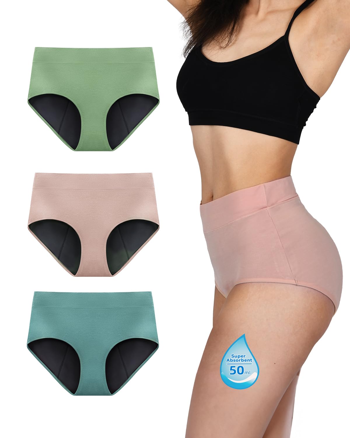 TIICHOO Bragas Menstruales Cintura Alta Flujo Abundante Rope Interior Mujer Regla Periodo Cómodo Respirable Absorbente y Lavable