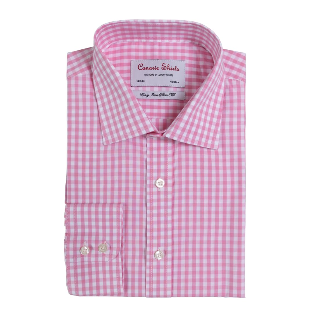 Canarie Shirts Men's Pink Formal Shirt Gingham Regular Fit Button Cuff (19")