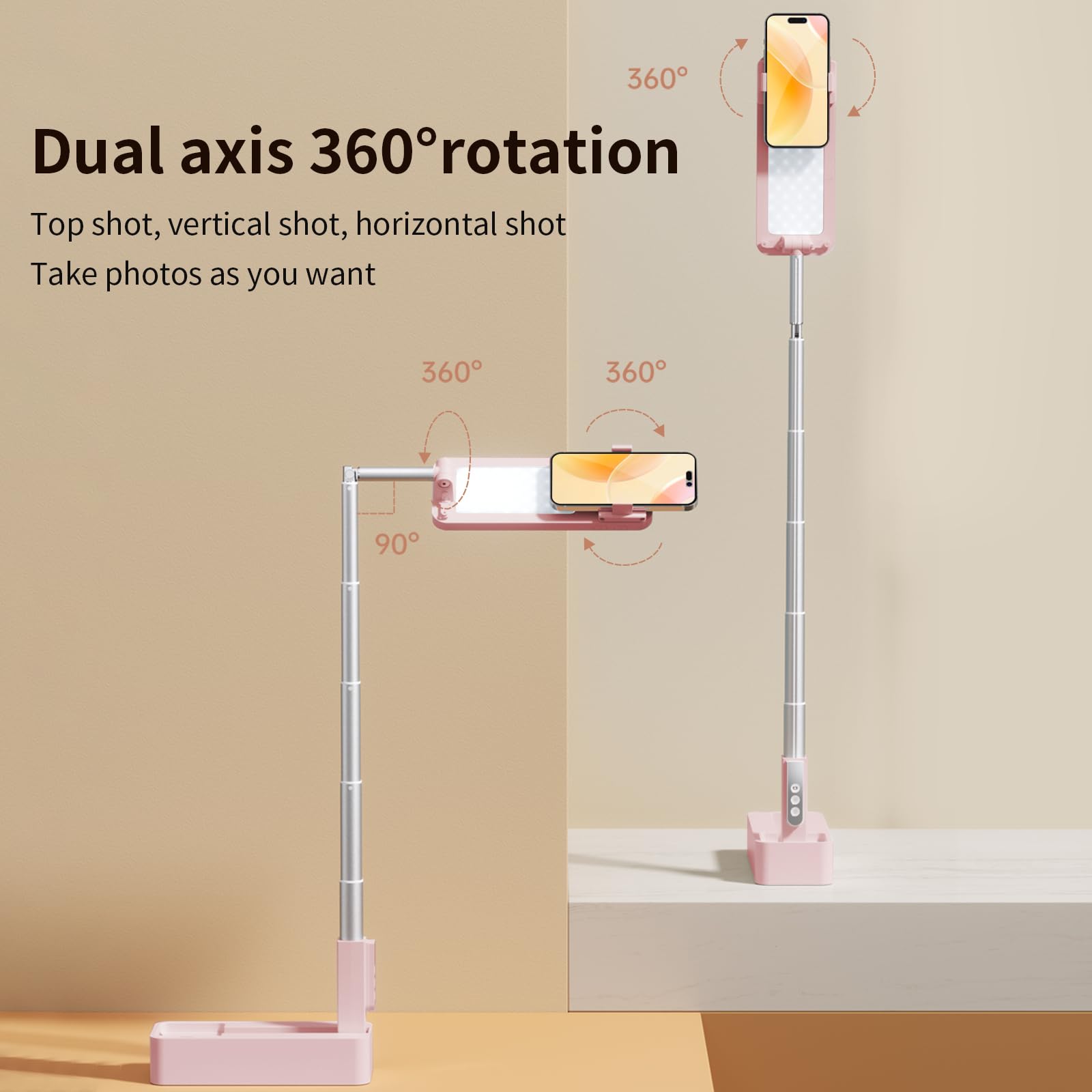 Selfie Stick - Trípode para smartphone con luz LED, rotación extensible de 360°, soporte para teléfono móvil con luz de llenado, soporte Bluetooth con mando a distancia para streaming en