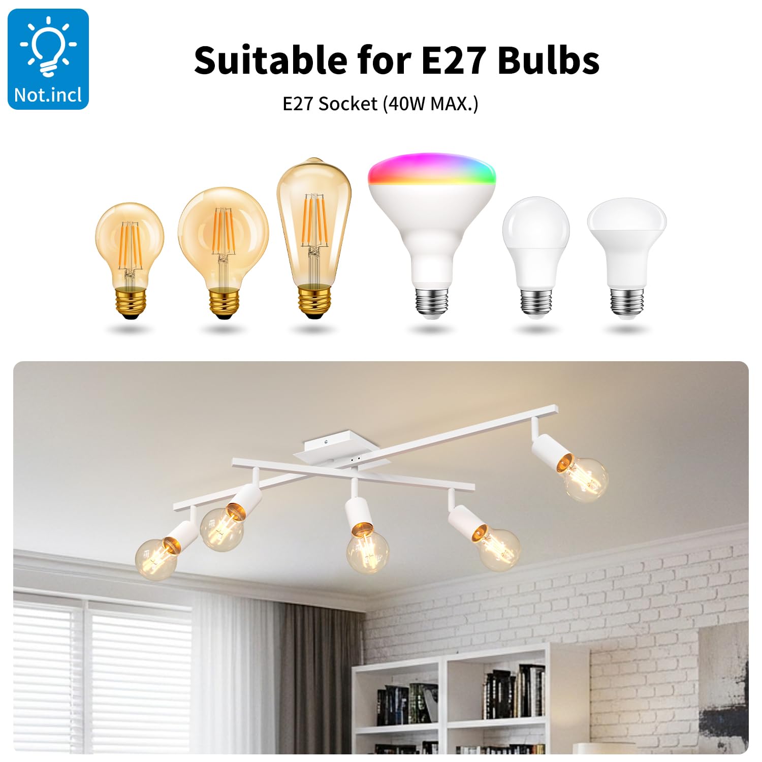 LVWIT Lámpara de Techo Blanco Orientable, Lampara Cocina Techo con 5 Focos E27, Moderno Plafones de Techo Ajustables y Giratorios, Plafón Foco de techo LED Para Salón, Dormitorios (Sin Bombilla)
