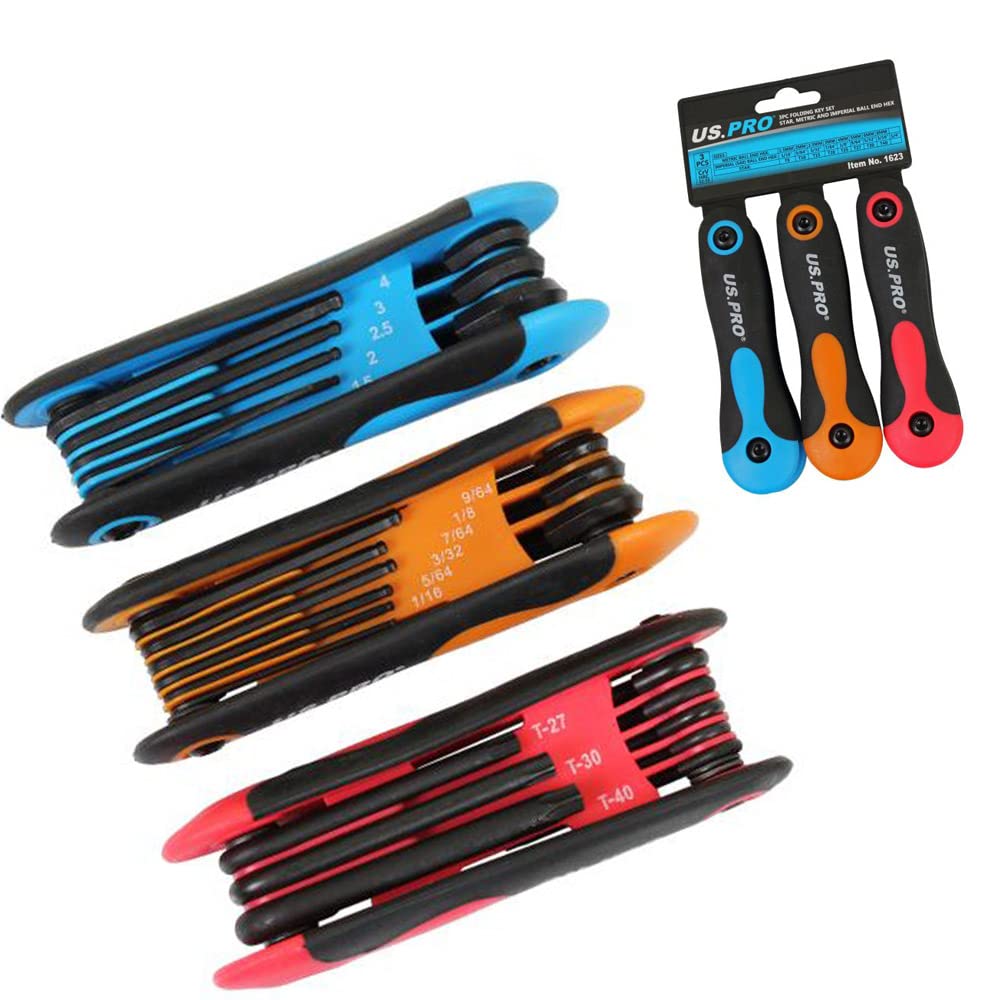 Us Pro Chrome 3Pc Folding Key Set Star Torx, Metric And Imperial Ball End Hex Sae