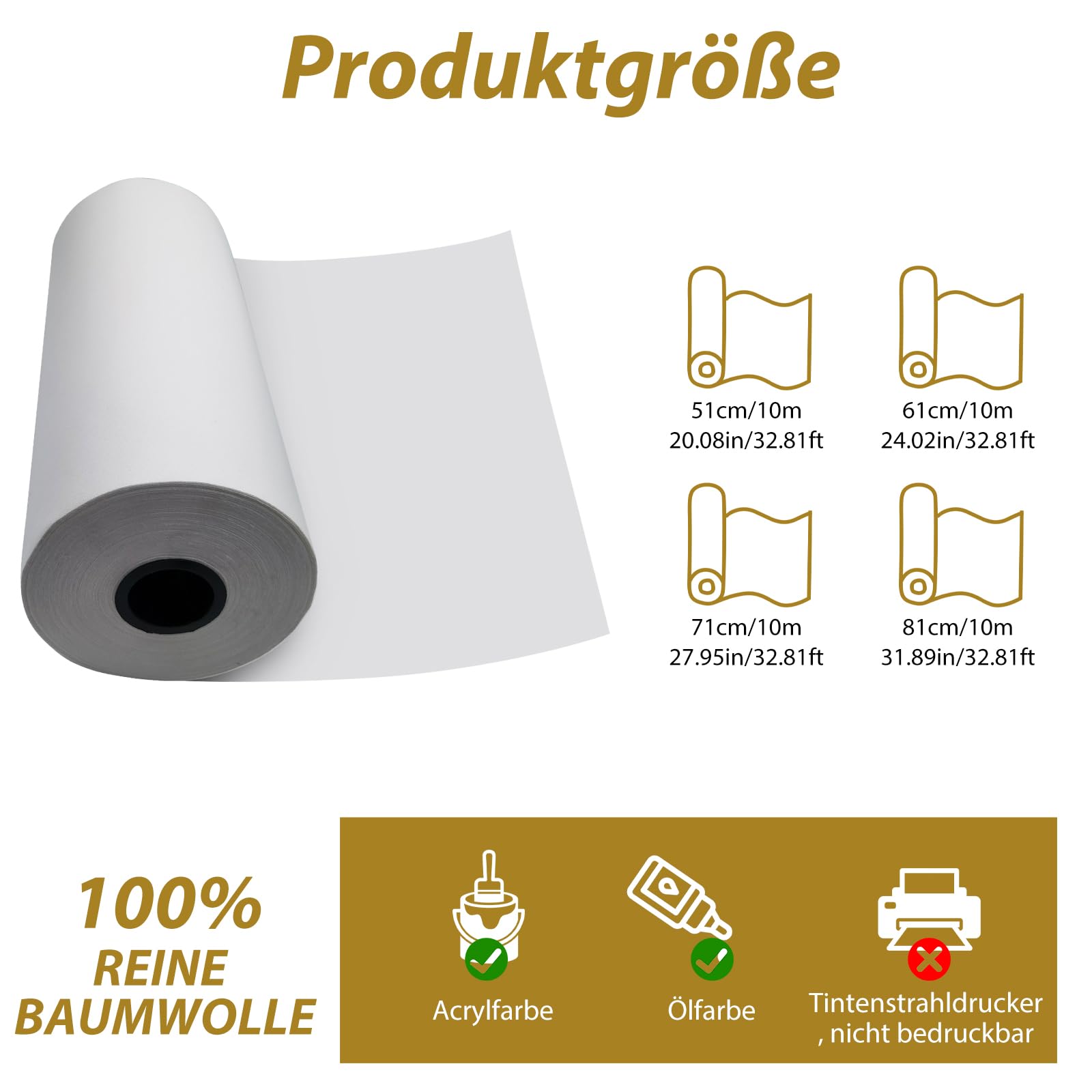 Baumwoll-LeinwandRolle, 61cm x 10m professionelle Baumwoll-leere Leinwand zum Malen, Schicht Acryl Ölgemälde Leinwand Leinenmischung grundierte Malutensilien (61cm x 10m)