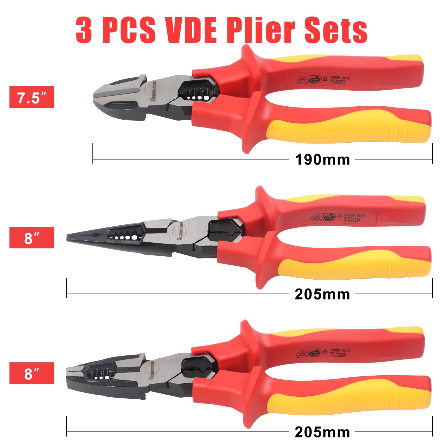 VDE-isoliertes Zangen-Set, Universal-Kombinationszange, Spitzzange und Schneidzange, mit isolierten Griffen, 60 CrV, VDE-geprüft, 1000 V, 3-teilig