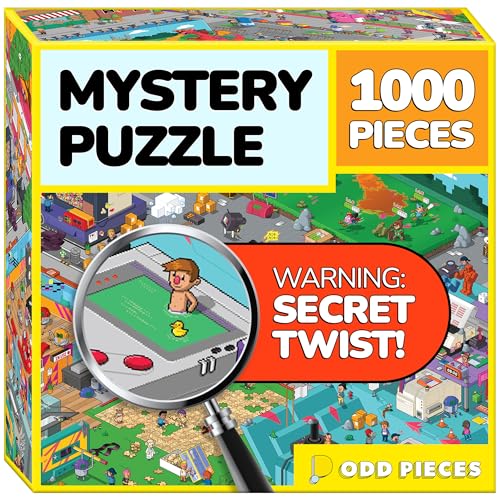 Image of Odd Pieces Jigsaw Puzzles 1000 Pieces with Storytelling Comics, for Women, White Elephant, Mystery Puzzle for Adults & Kids - 19.7'' x 27.6'' Frameable Magic Puzzle Art (Glitch)