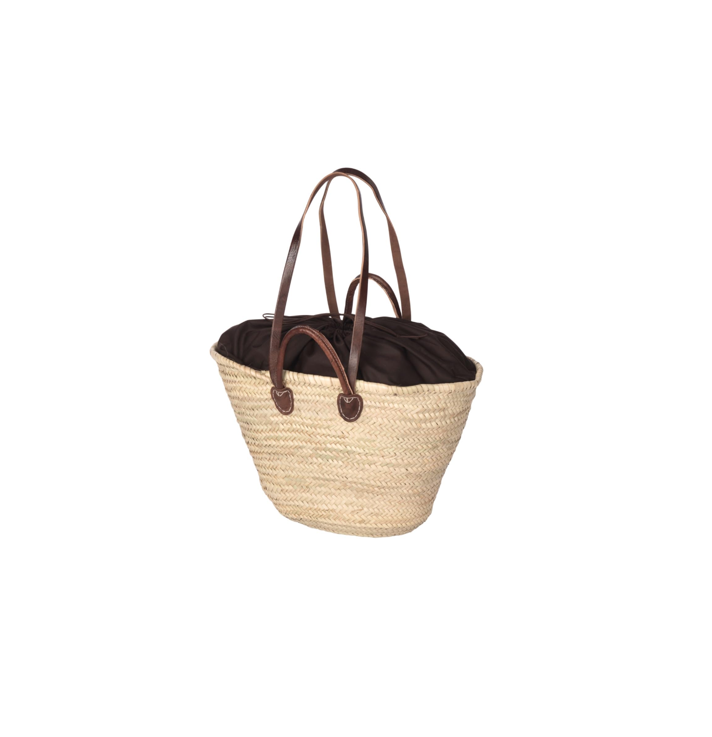 Neustanlo - Strandtasche Ibiza aus Palmblatt Natur oval - mit Stoffzug Braun - Einkaufstasche Einkaufskorb