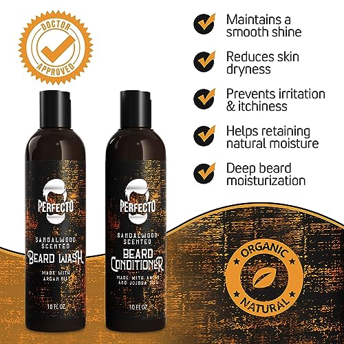 Sandalwood Scented Combo Beard Wash And Beard Conditioner For Men With Oils, Anti Dandruff Beard Moisturizer With Jojoba And Argan, Beard Softener Set And Strengthener, Beard Wash Care Package, 10 Oz #TOP2