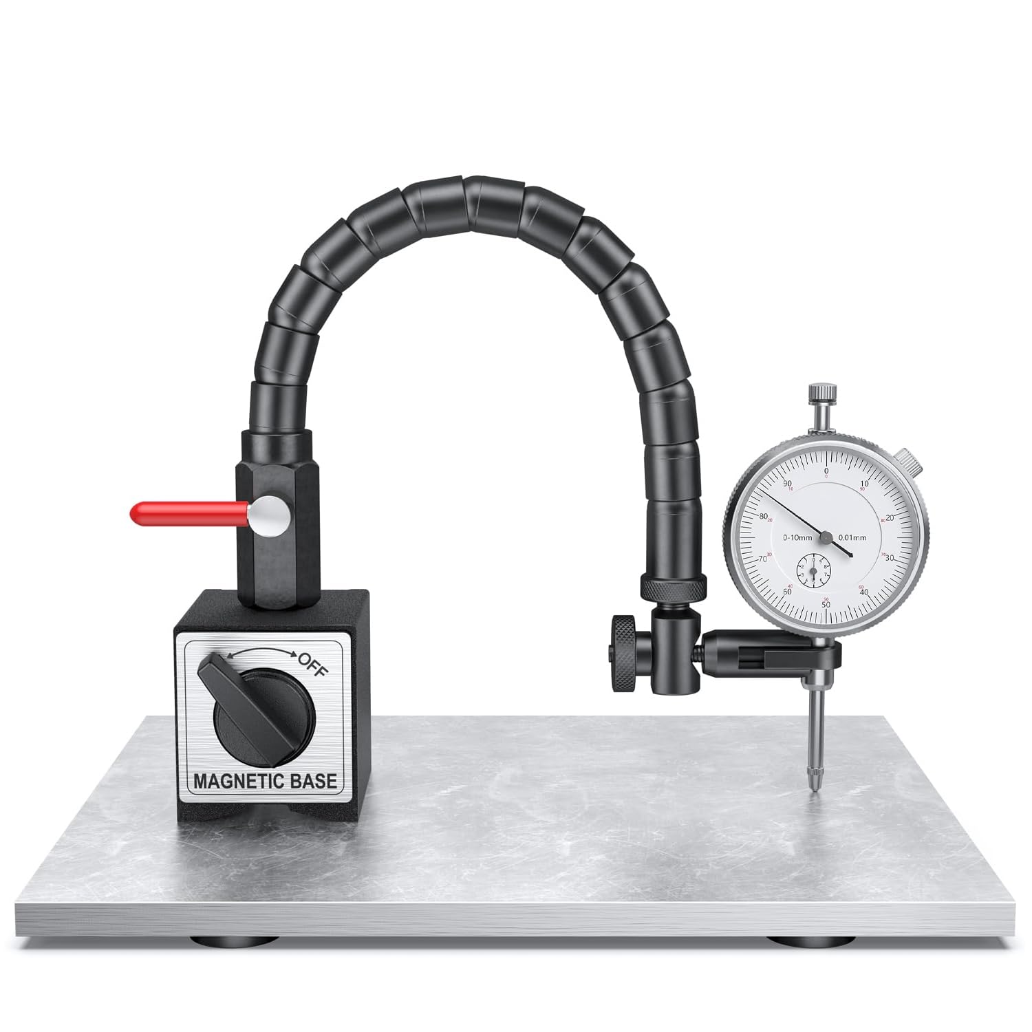 Präzisions-Messuhr mit Magnetstativ, Mechanisch Messuhr 0-10mm Messbereich, 0,01mm Genauigkeit, Stahlbasis mit Zentralklemmung (80kg Haltekraft) – Ideal für Werkstatt & Industrie