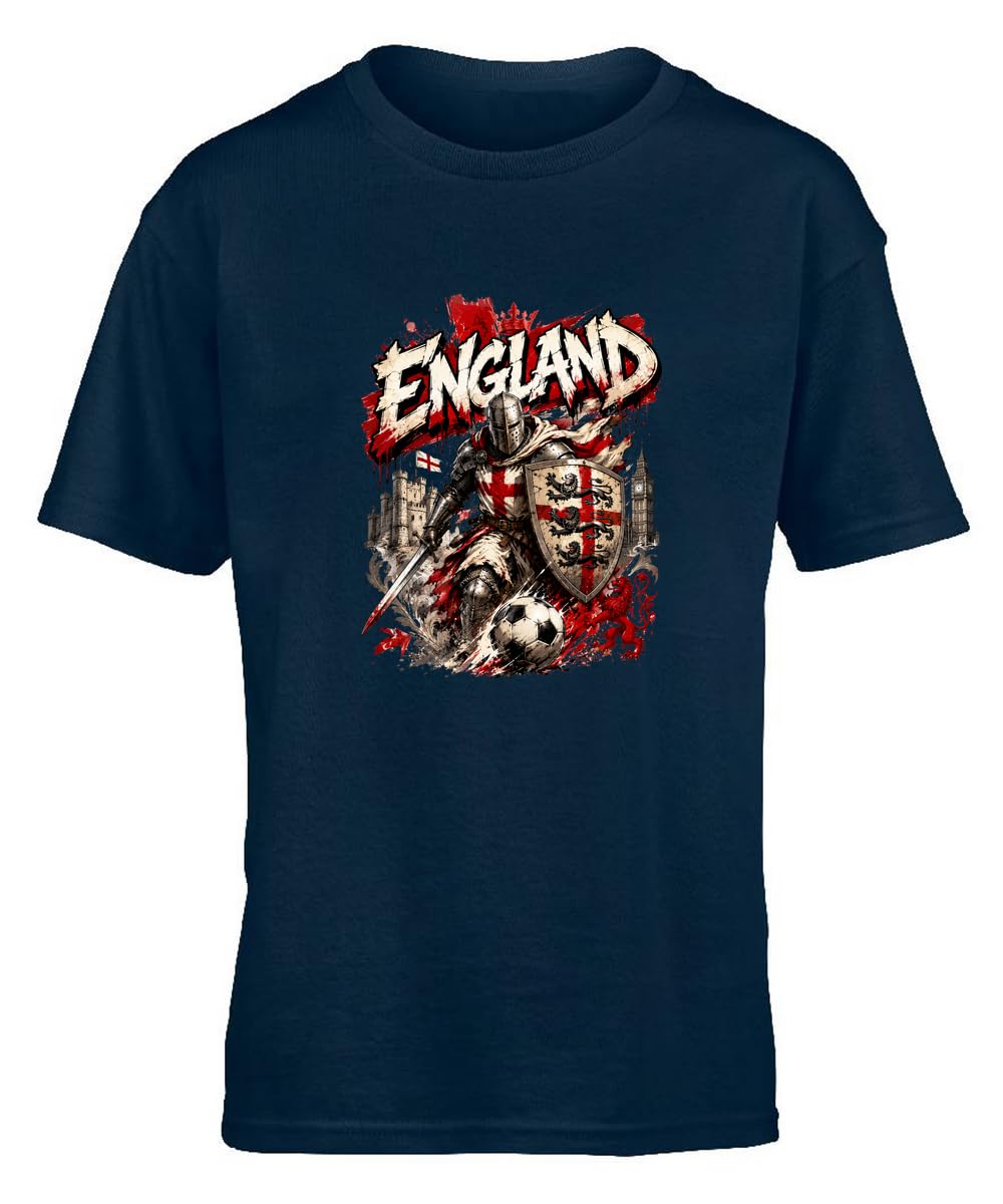 Hippowarehouse England Football Fan Three Lions English Medieval Knight International Tournament Kids Children's Short Sleeve t-Shirt 12-13 Years Navy Blue