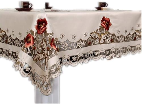 Miniatura 10 de Judy Dre am Mantel bordado floral de rosas marrones, camino de mesa de café rústico de trabajo de corte, mantel de mesa beige con flores lavables,