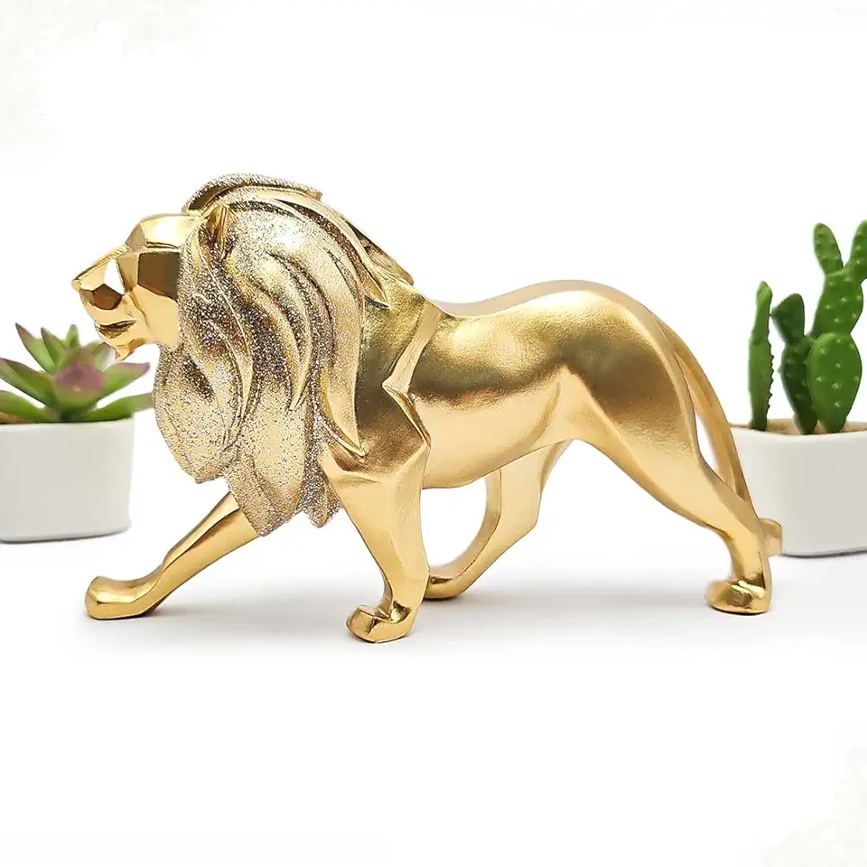 Le?o Est?tua Enfeite Decora??o Casa Mesa Rack Sala Quarto Estatueta Minimalista Enfeite Decorativo (Dourado Com Brilho)