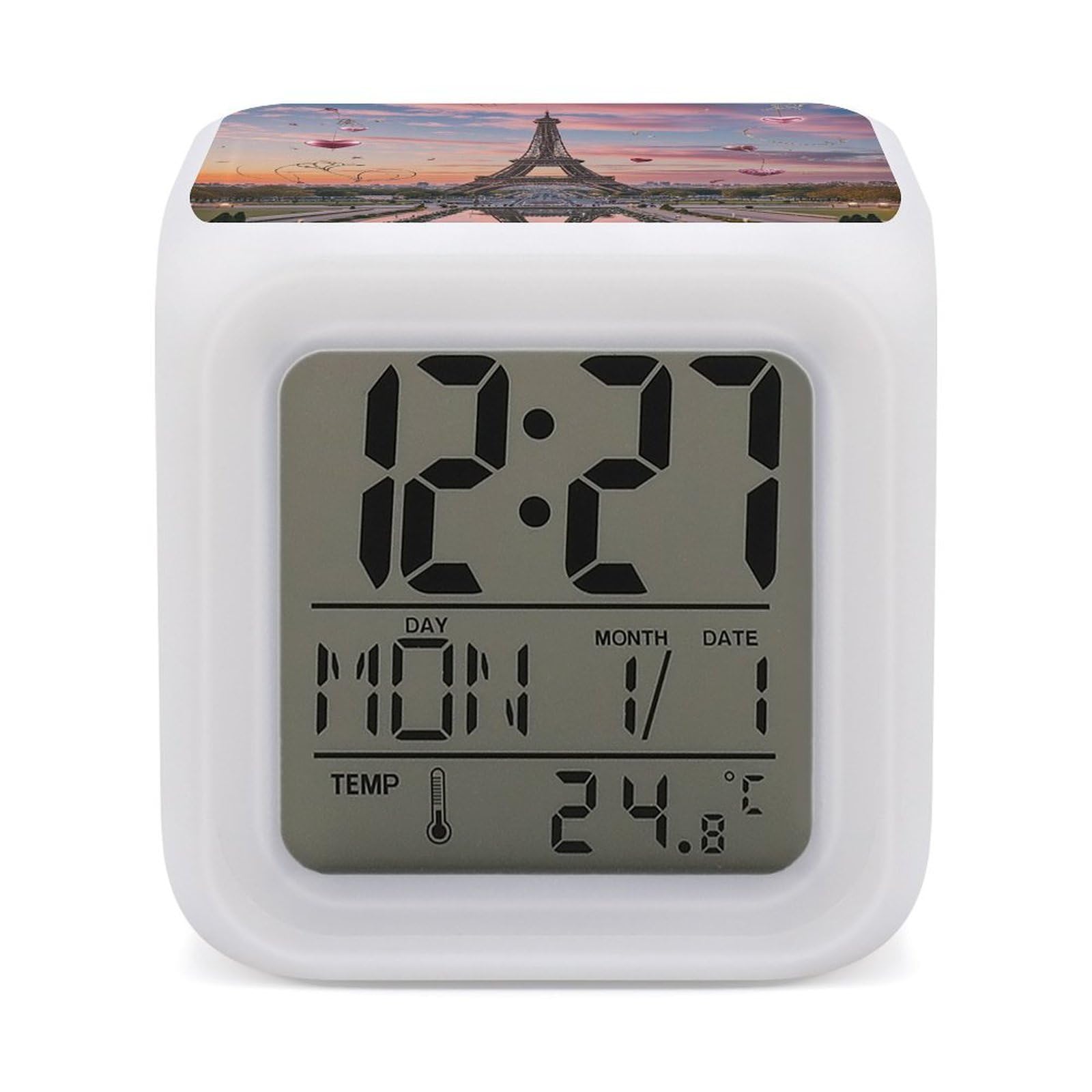 VstaDank Romantic Paris Eiffel Tower Alarm Clock with 7 Color Changing Night Light Date Temp Display Wake Clocks LED Display Digital Clock Electric Desk Clocks for Living Office Bedroom Decor
