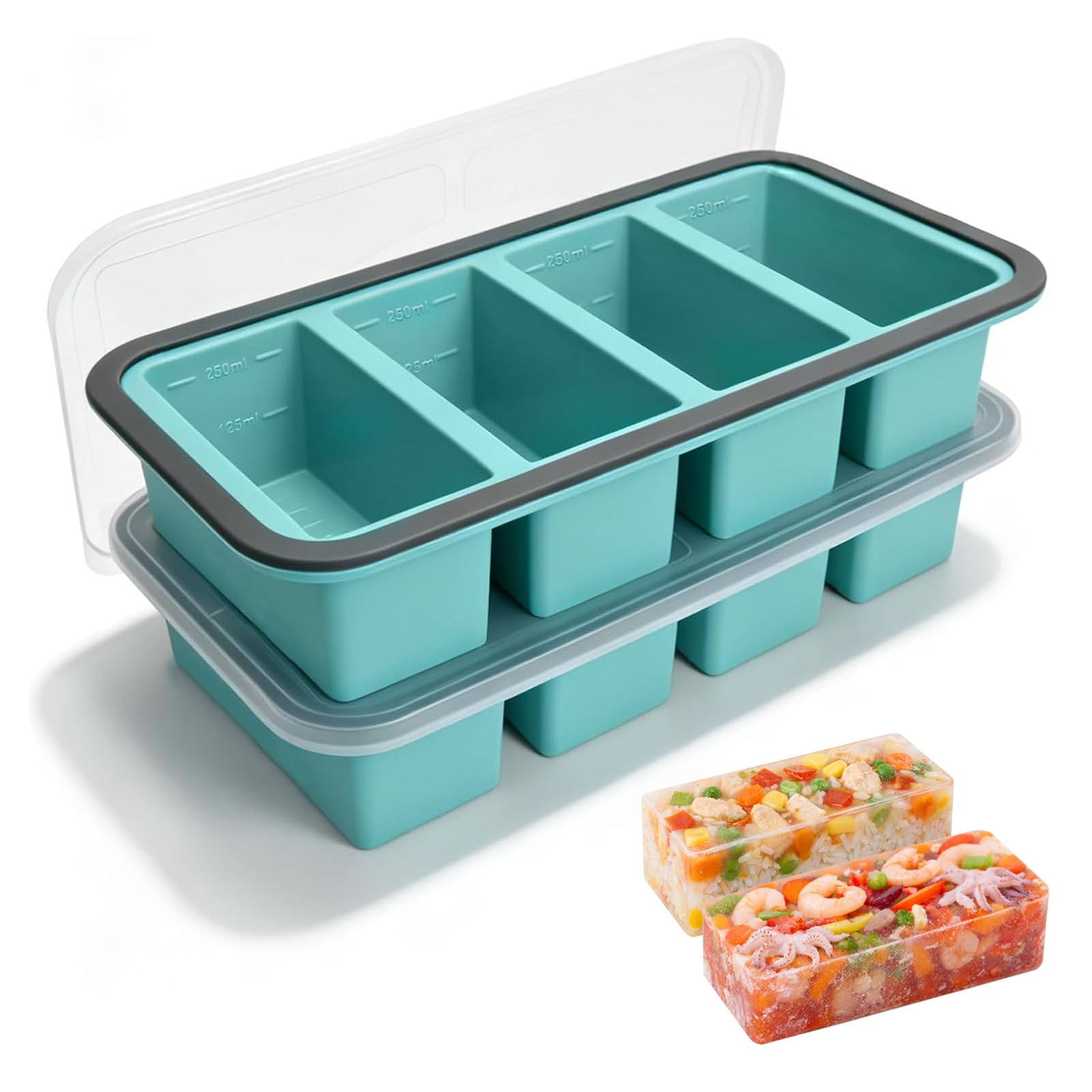 Chingcoo Silikon-Gefrierform mit Deckel, 250 ml Gefrierbehälter extra groß, BPA-frei, stapelbare Silikon-Gefrierbehälter zum Einfrieren von Suppe, Brühe, Soßen & Resten 2 Stück