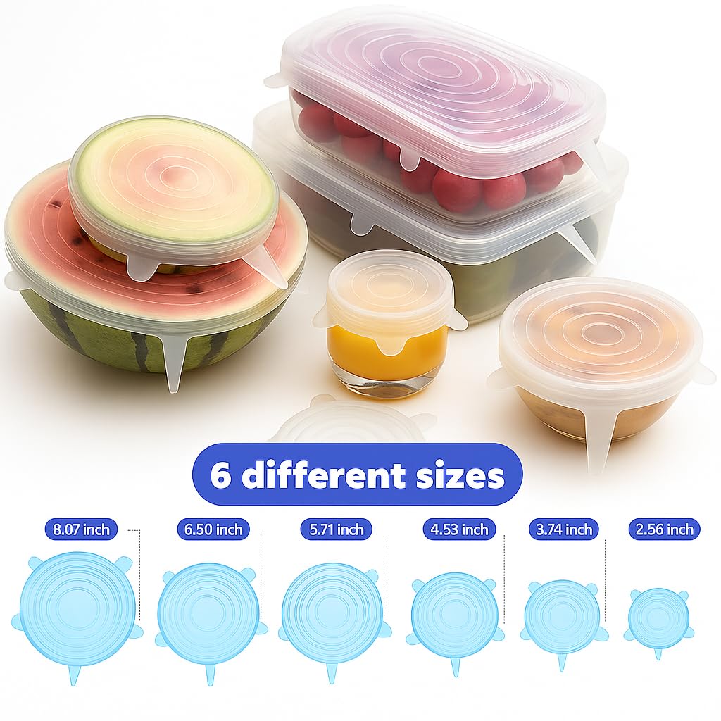 KOLIBROX 12pcs Reusable Silicone Stretch Lids - Eco-Friendly, Durable Food Storage Silicone Covers for Bowl - 6 Different Sizes to Meet Most Containers, Dishwasher & Freezer Safe Silicone Lids