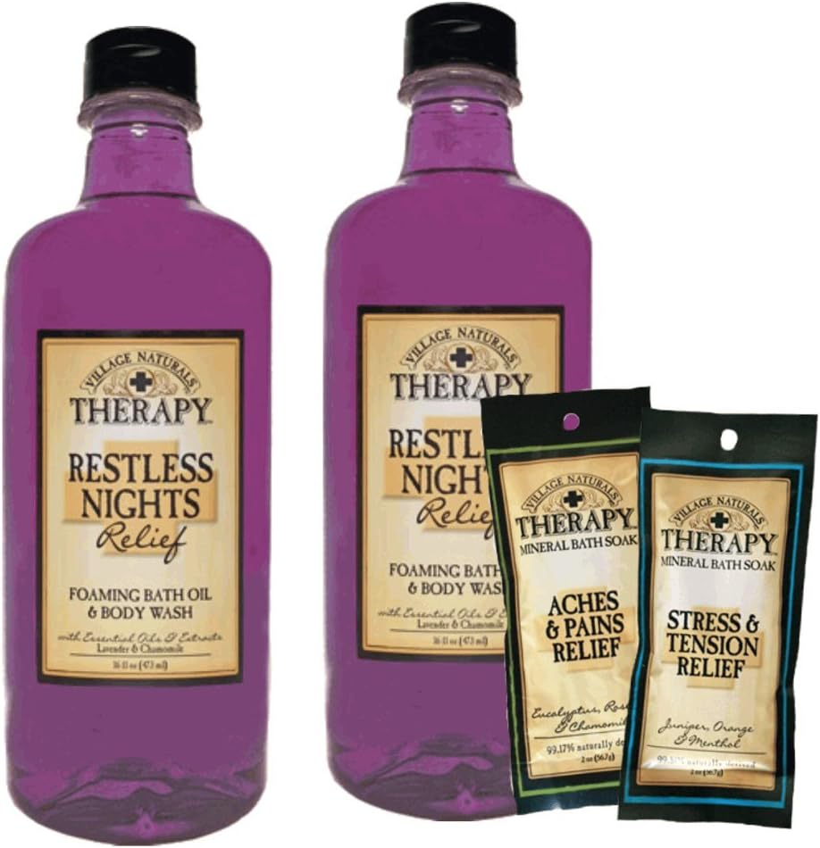 Village Naturals Therapy Restless Nights Relief Foaming Bath Oil & Body Wash, 16 fl oz (2 Bottle Bundle)