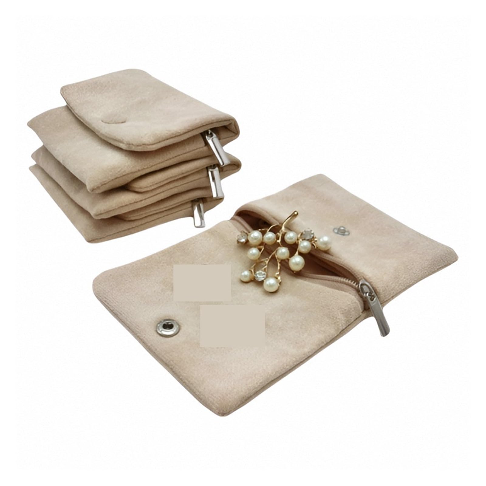 Bolsas de terciopelo con cierre a presión para proteger collares y pulseras en beige