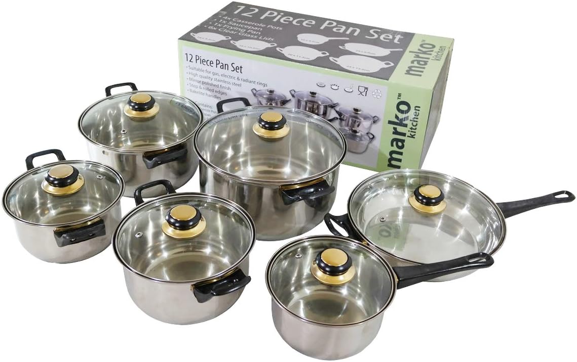 12 PC Stainless Steel Saucepan Pan Pot Set Cookware Glass Lidded Kitchen Cooking