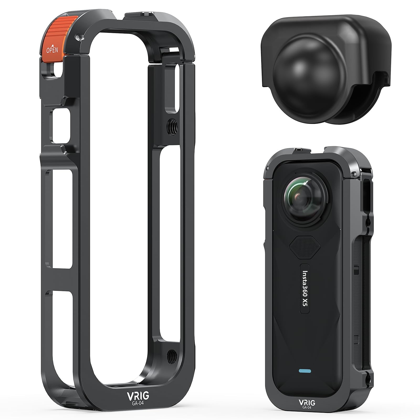 VRIG For Insta360 X5用 ケージ アルミ合金フレーム ケース 縦方向 撮影 レンズカバー付き カメラ保護フレーム コールドシューマウント 1/4ネジ 落下保護 耐衝撃 Insta360 X5マウント アクセサリー