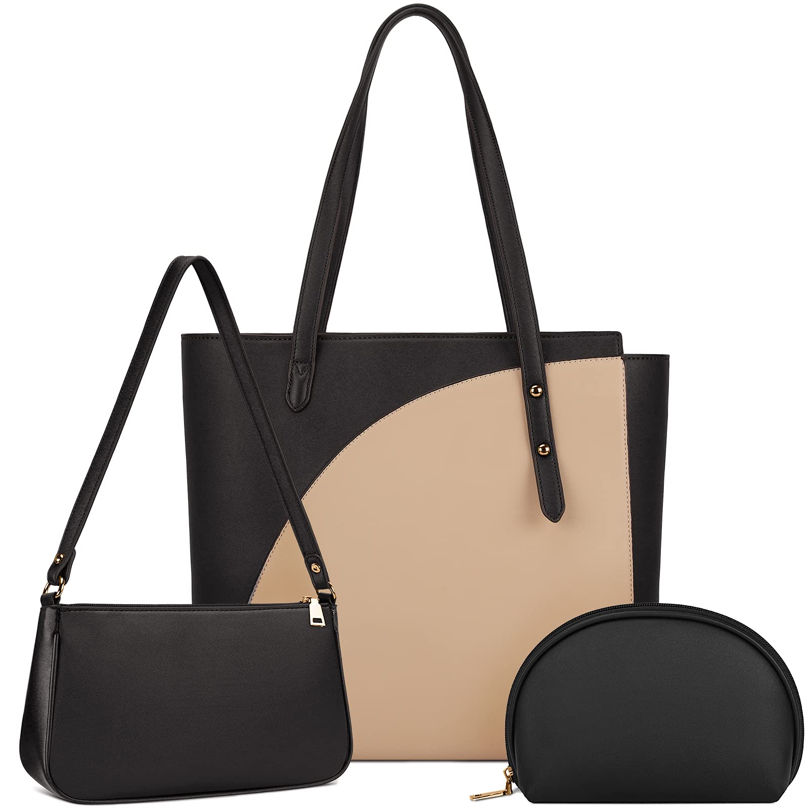 NEWHEY Handbags Women PU Leather Fashion Large Tote Bags for Women Contrast  Color Shoulder Bag for School Work Travel Makeup Bag Pcs Set Khaki Black