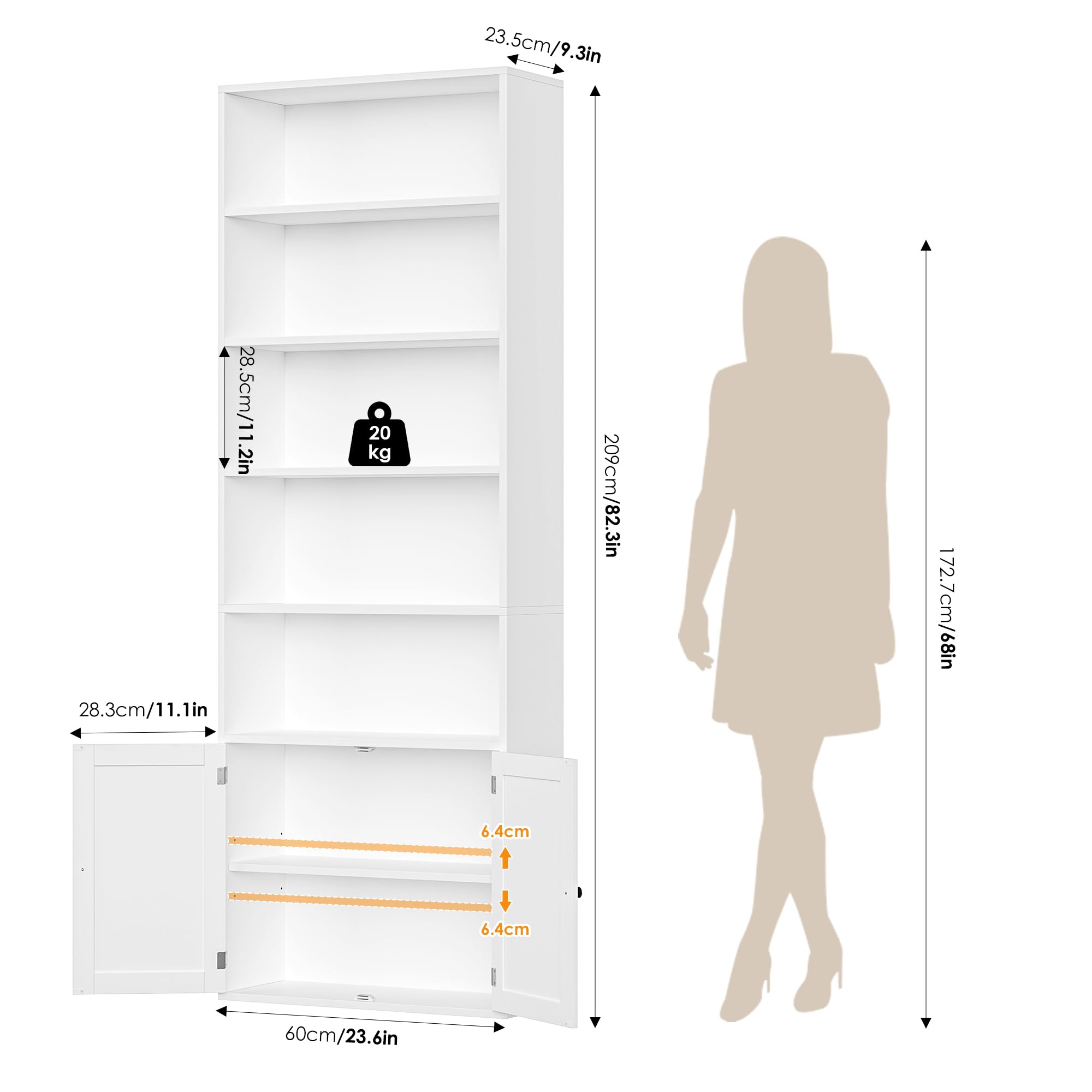 FirFurd Libreria Scaffale 209 cm con 7 Scomparti Aperti, libreria Verticale con Ante, Libreria da Parete con Ripiano Regolabile, per soggiorno, ufficio, cucina, 60 x 23,5 x 209 cm (Bianco)