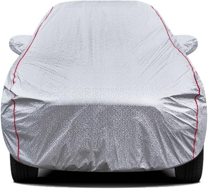 Slamio Waterproof Car Body Cover for Infiniti QX56 Limited with Mirror Pocket, Soft Cotton Lining, Triple Stitched, Full Bottom Elastic (Heat Resistant Metallic Silver with Red Piping)