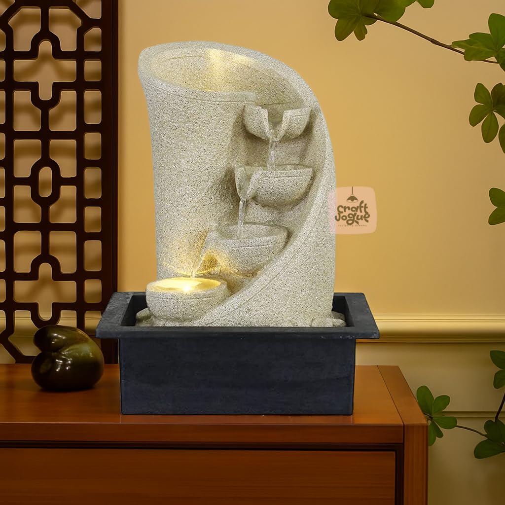 CRAFTVOGUE Polyresin Table Top Cream Color Indoor 3 Designer Steps Waterfall Fountain for Home Decor with LED Lights & Water Flow Controller Pump (Size: 38 x 29.5 x 22CM | Weight: 1750grm)-picture-11