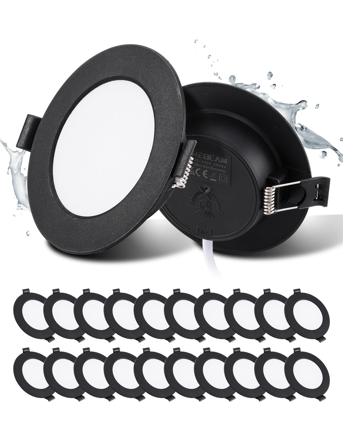 Grebeam LED Spots Schwarz, 5W Deckenspots Schwarz 450LM,Rund Ø75-90mm Einbauleuchten für das Bad, Einbautiefe 25mm, Spots Deckenleuchte 6000K Kaltweiß für Badezimmer Schlafzimmer, 20er set