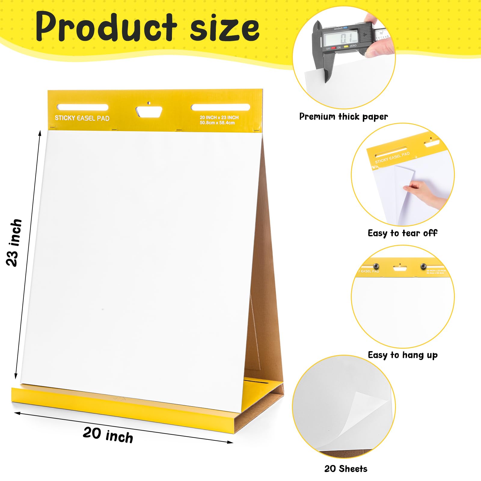 ReliThick Confezione da 4 blocchi adesivi con cavalletto, 50 x 58 cm, carta bianca bianca con retro in cartone giallo, 20 fogli per blocco per disegno, schizzi, per ufficio, scuola, aula