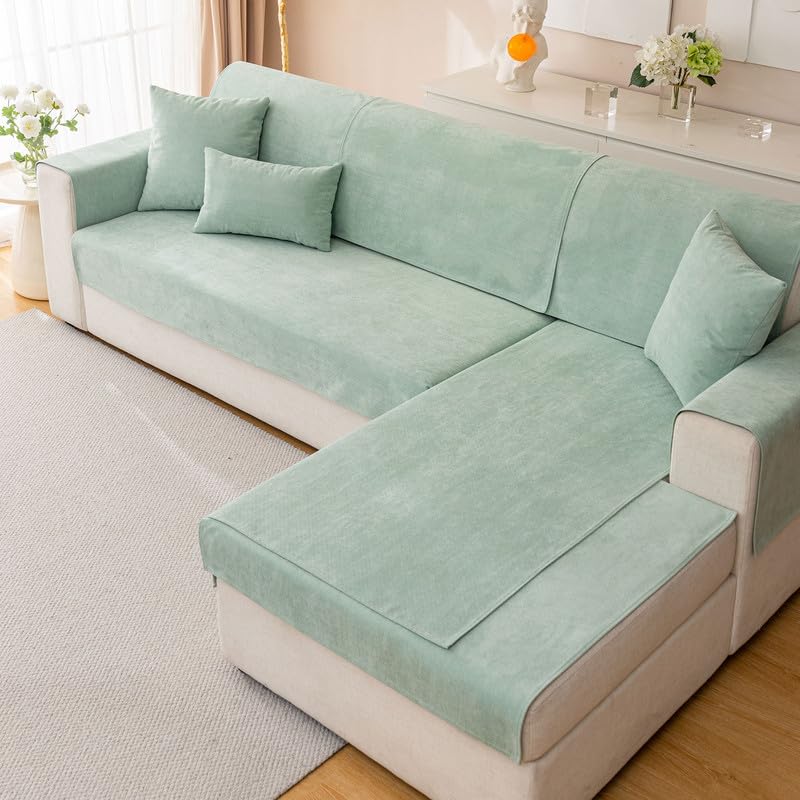Mingfuxin Chenille Sofa Cover Slipcovers 1 2 3 4 Seater, Universal Non-Slip Corner Sofa Covers L shape Sectional Sofa Couch Cushion Covers Furniture Protector for Living Room(Matcha Green,70 * 150cm)
