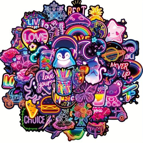 Adesivos impermeáveis estilo neon, pacote de adesivos de vinil colorido com lindos designs neon para laptop, garrafa de água, skate, bagagem, capa de telefone, diário e decoração DIY