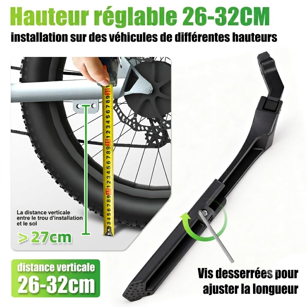 RBRL Support de vélo pour vélo électrique (Roue arrière) - avec 2 Trous de 18 mm, capacité de Charge de 85 kg, béquille latérale en Aluminium Ultra-Stable pour Roues de 26 à 29 Pouces